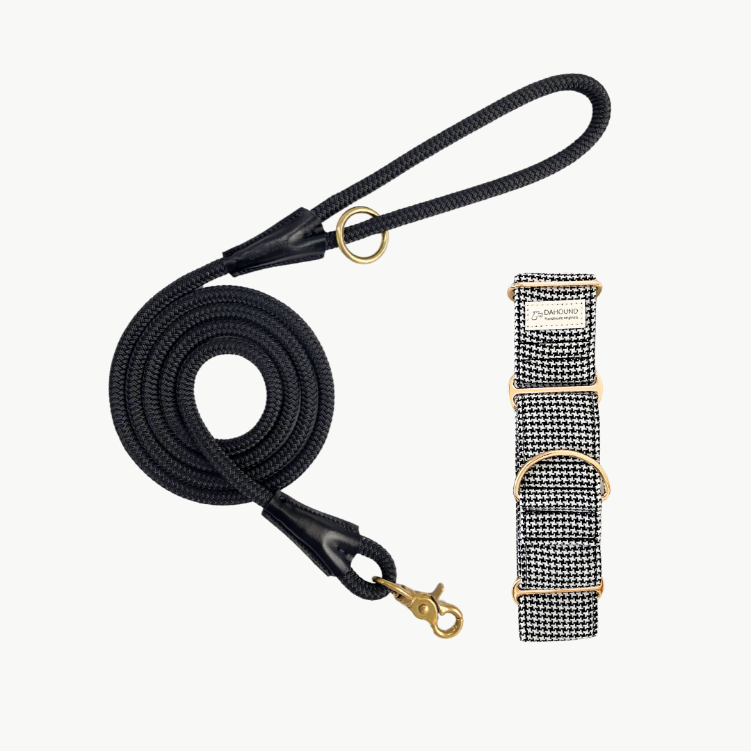 Martingale Collar & Rope Lead Set | Classic Houndstooth (Textured Weave) With Black Leash