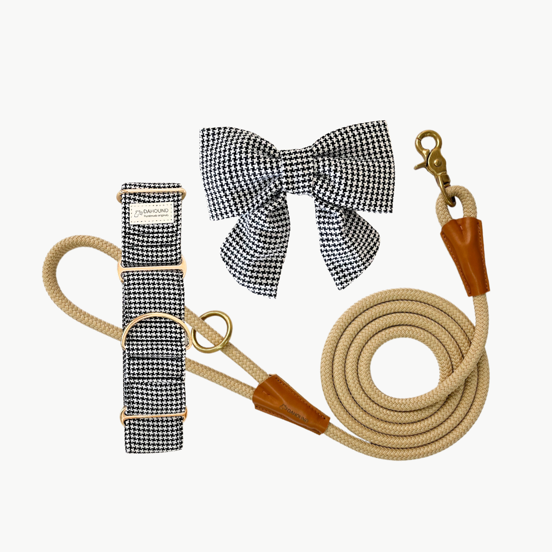 Martingale Collar + Sailor Bow + Rope Lead Set | Classic Houndstooth (Textured Weave) With Beige Leash
