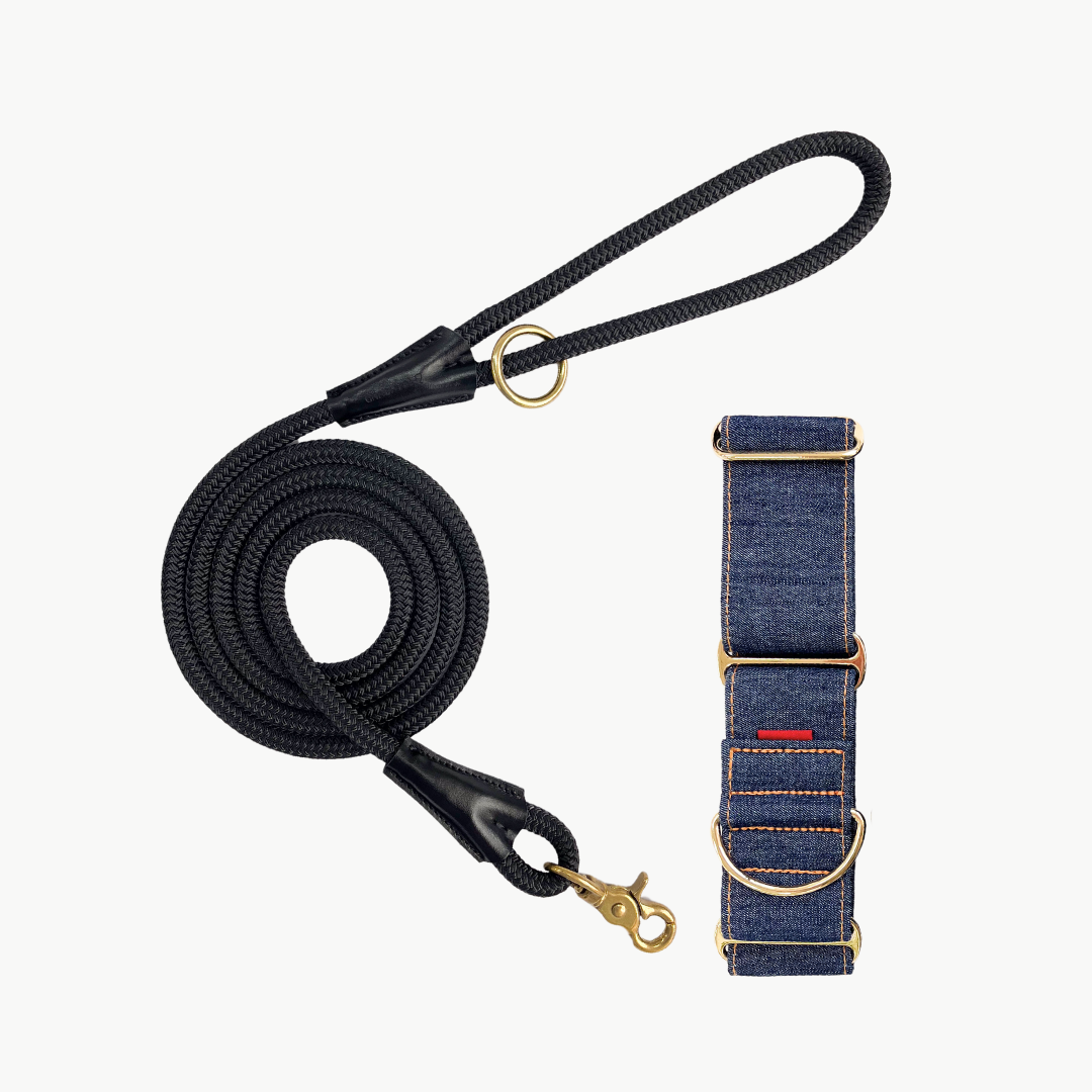 Martingale Collar & Rope Lead Set | Dark Indigo Denim (with Black Leash)