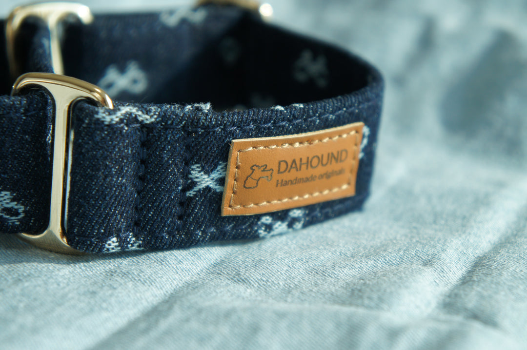Dahound Dark Indigo Denim Bow Martingale Collars Lifestyle Product Photo Logo