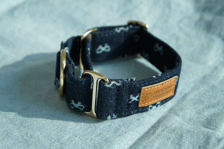 Dahound Dark Indigo Denim Bow Martingale Collars Lifestyle Product Photo Side