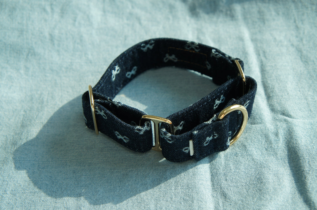 Dahound Dark Indigo Denim Bow Martingale Collars Lifestyle Product Photo Top