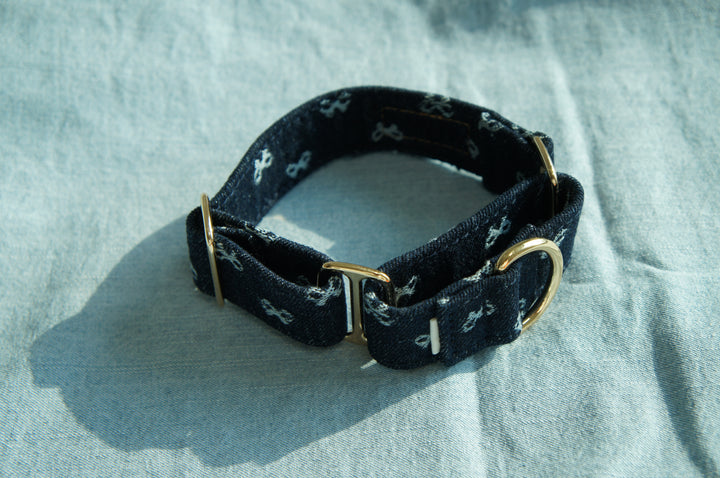 Dahound Dark Indigo Denim Bow Martingale Collars Lifestyle Product Photo Top
