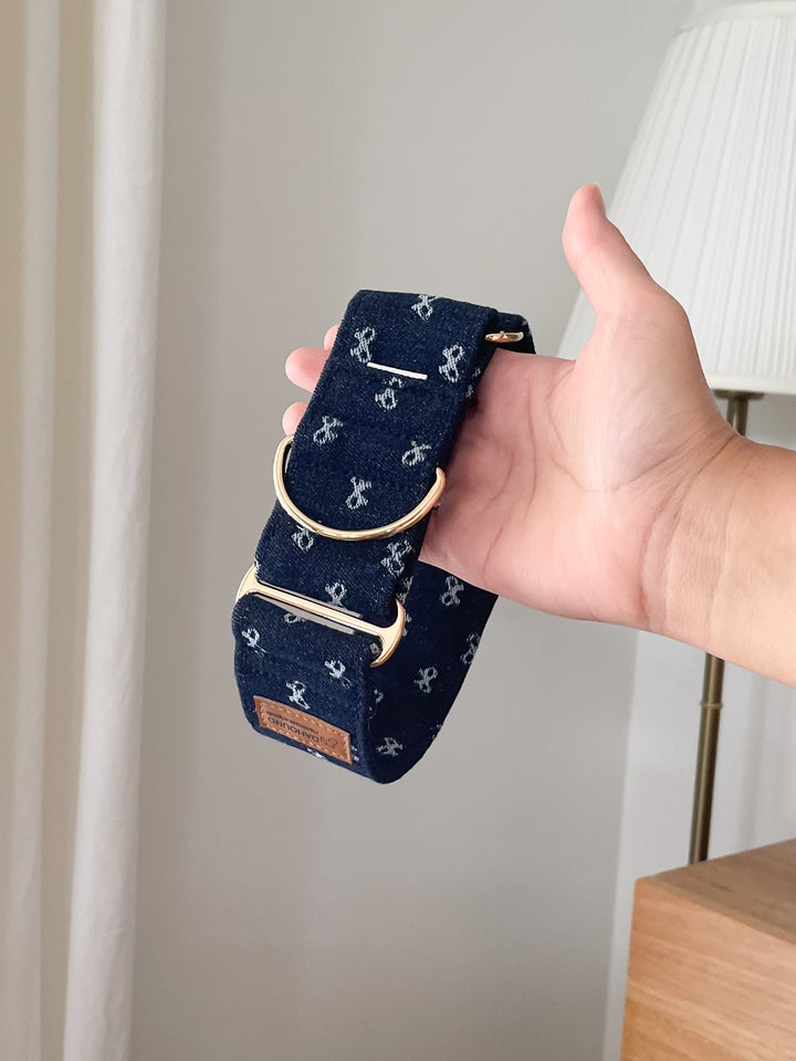 Dahound Dark Indigo Denim Bow Martingale Collar Product Photo With Hand