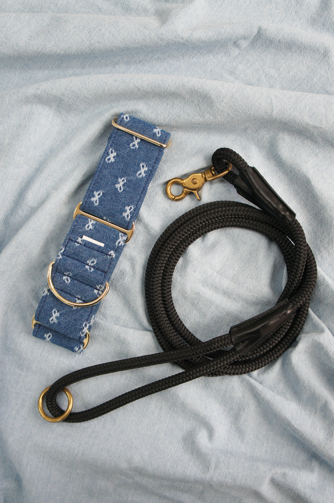 Dahound Mid Blue Denim Bow Italian Greyhound Collar Product Photo With Black Rope Leash