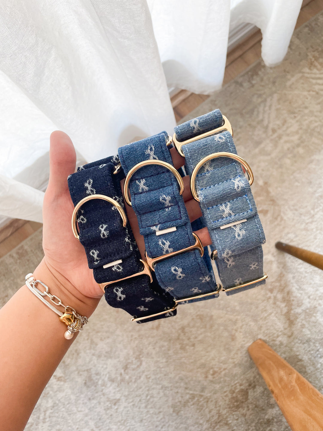 Dahound Denim Bow Martingale Collars Lifestyle Photo With Hand