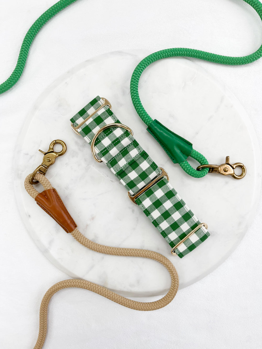 Green Gingham Plaid Martingale Collar With Rope Leashes