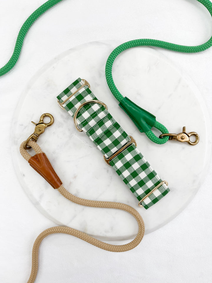 Green Gingham Plaid Martingale Collar With Rope Leashes