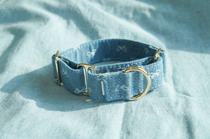 Dahound Light Blue Denim Bow Martingale  Collar Lifestyle Product Photo Front