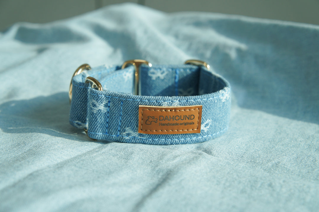 Dahound Light Blue Denim Bow Martingale  Collar Lifestyle Product Photo Side
