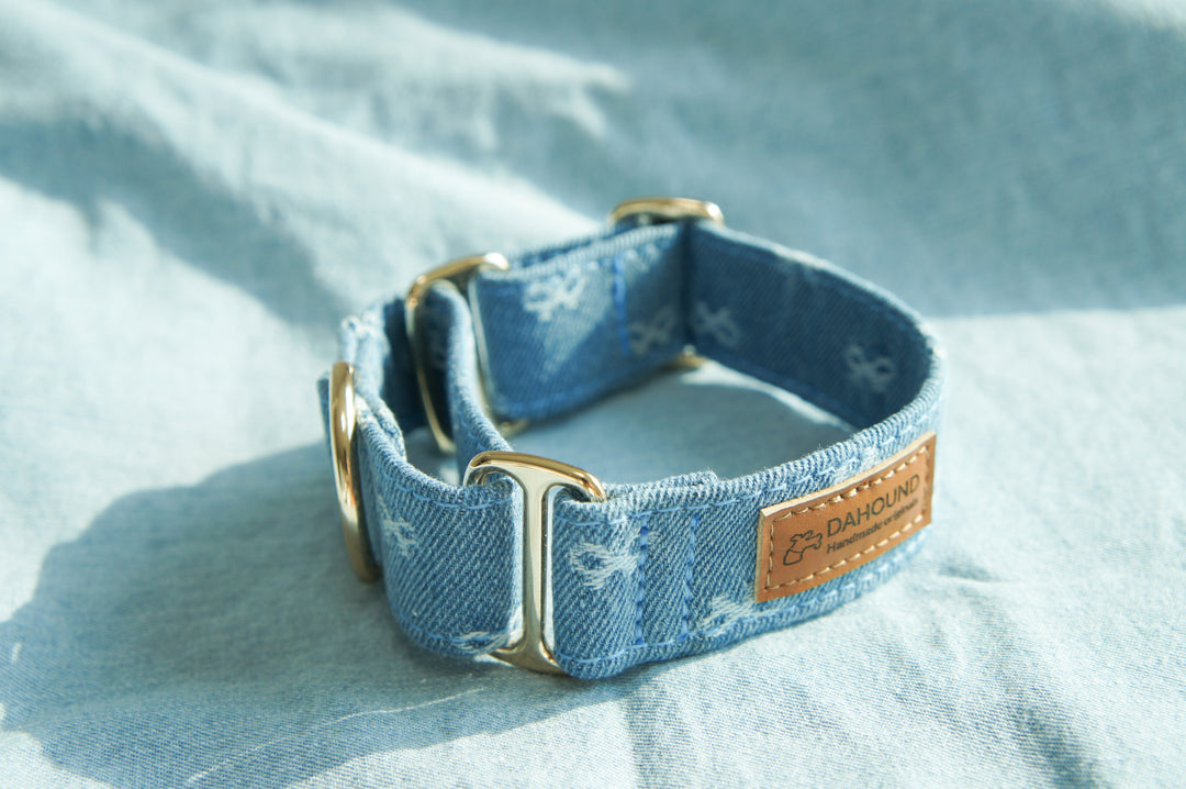 Dahound Light Blue Denim Bow Martingale  Collar Lifestyle Product Photo Front