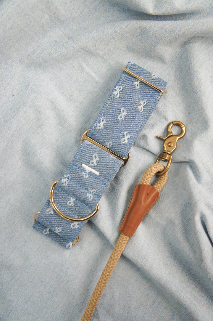 Dahound Light Blue Denim Bow Martingale  Collar Lifestyle Product Photo With Beige Rope Leash
