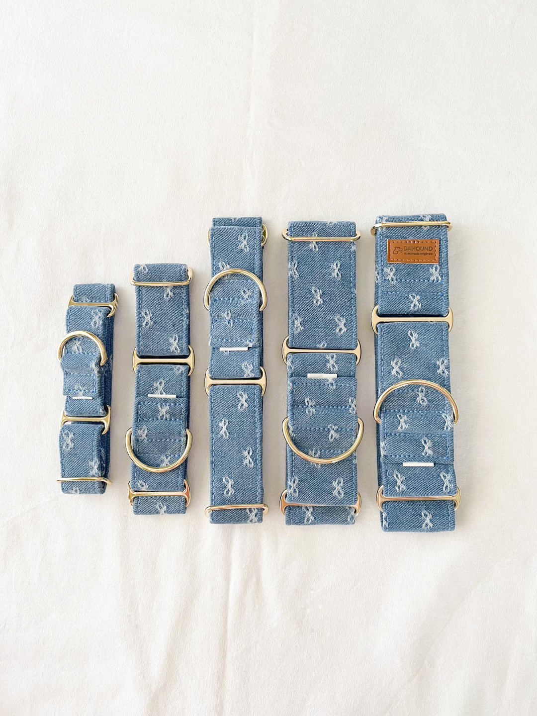 Dahound Light Blue Denim Bow Martingale  Collars For Sighthounds Lifestyle Product Photo With Different Sizing Option