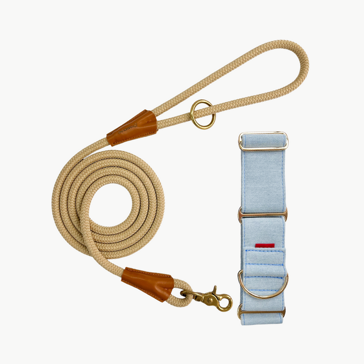 Martingale Collar & Rope Lead Set | Light Blue Denim (with Beige Leash)