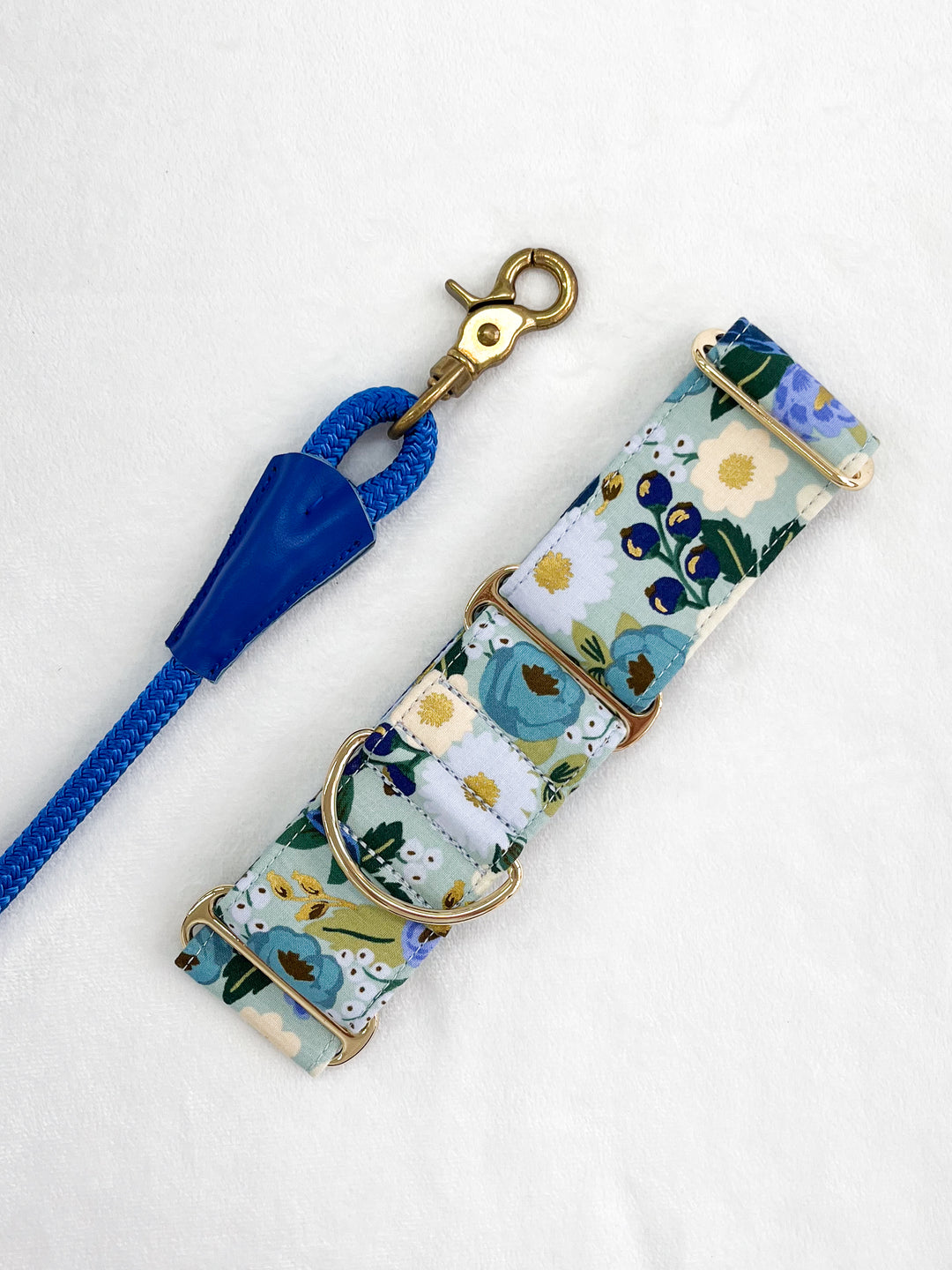 Dahound Martingale Collar in Blue and White Floral Print Lifestyle Photo
