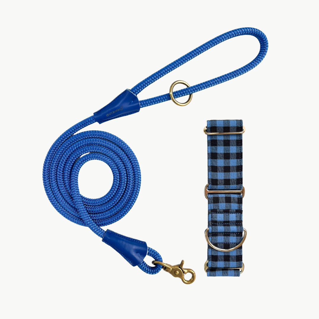 Martingale Collar & Rope Leash Set | Blue & Black Gingham