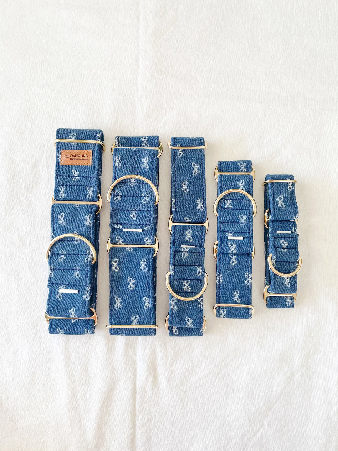 Dahound Mid Blue Denim Bow Greyhound Collar Product Photo Different Sizing Options