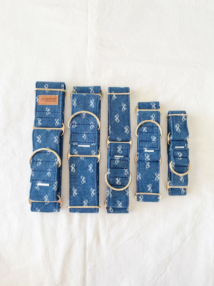 Dahound Mid Blue Denim Bow Greyhound Collar Product Photo Different Sizing Options