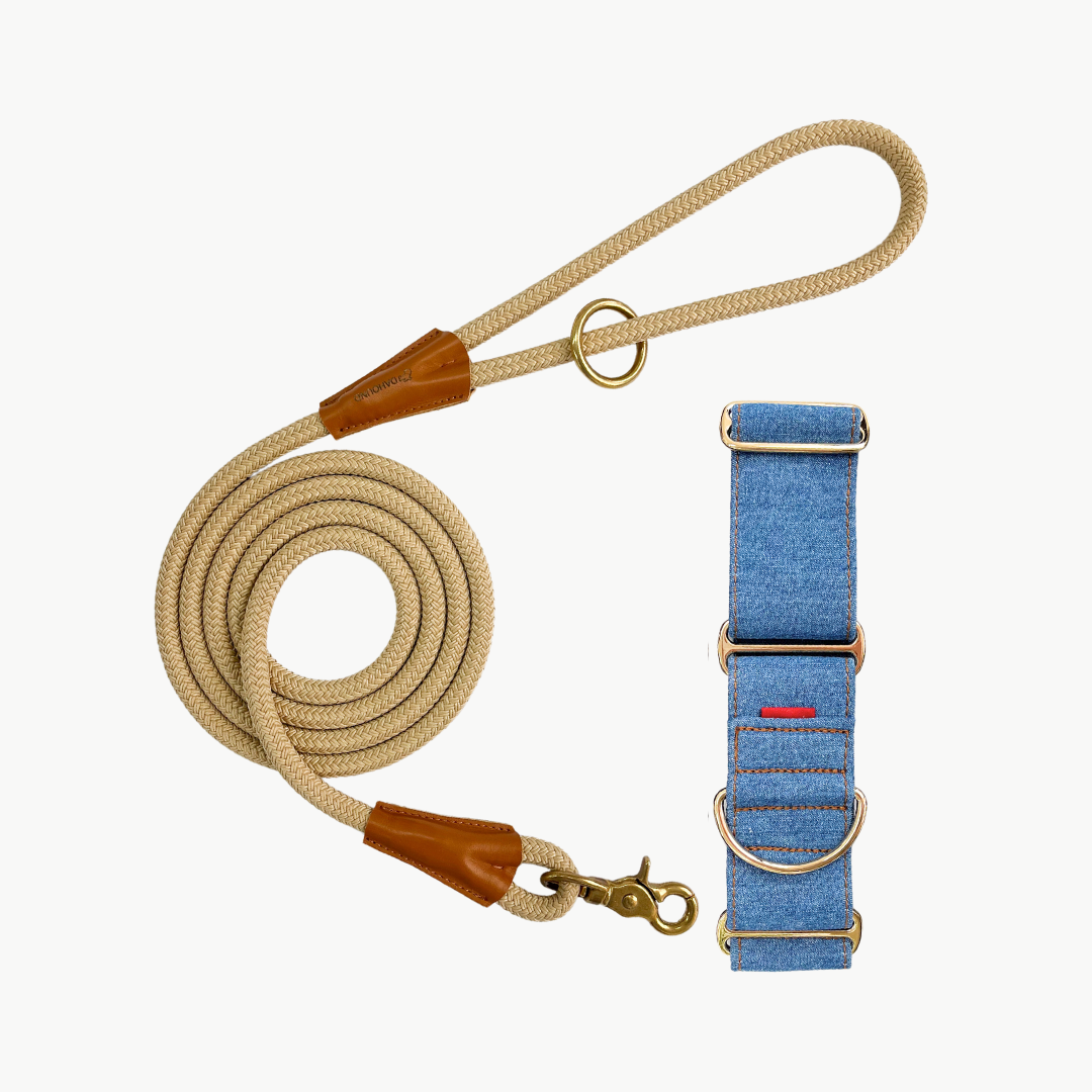 Martingale Collar & Rope Lead Set | Mid Blue Denim (with Beige Leash)