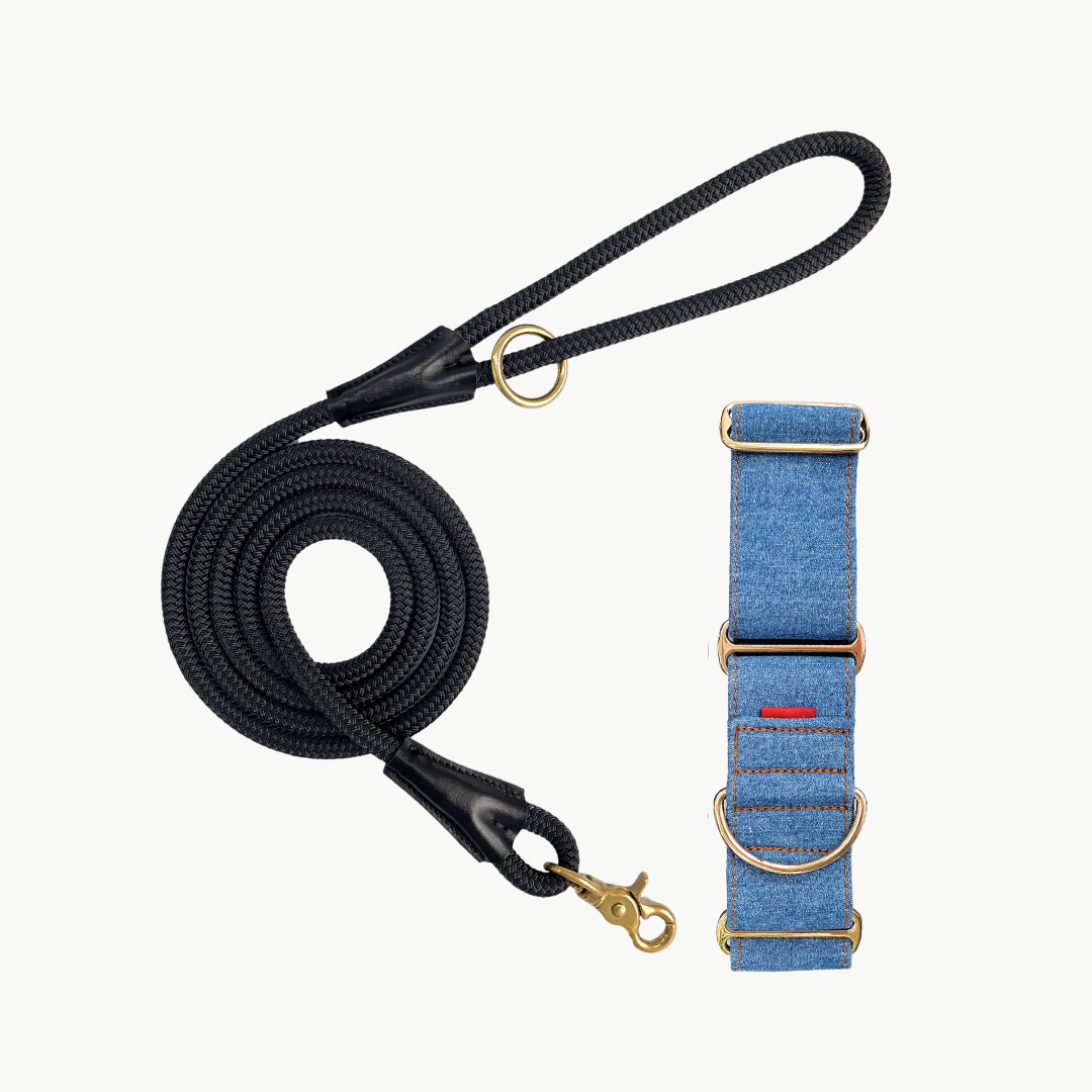 Martingale Collar & Rope Lead Set | Mid Blue Denim (with Black Leash)