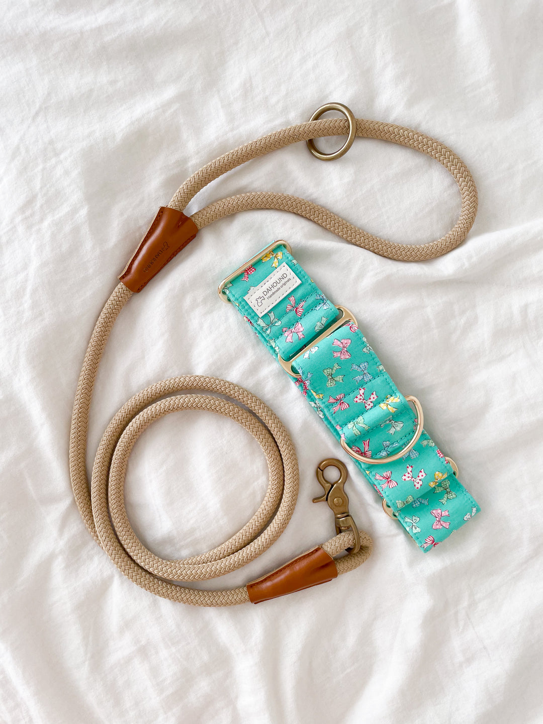 Dahound Mint Blue Mini Bows Martingale Collars With Rope Leash Lifestyle Photo
