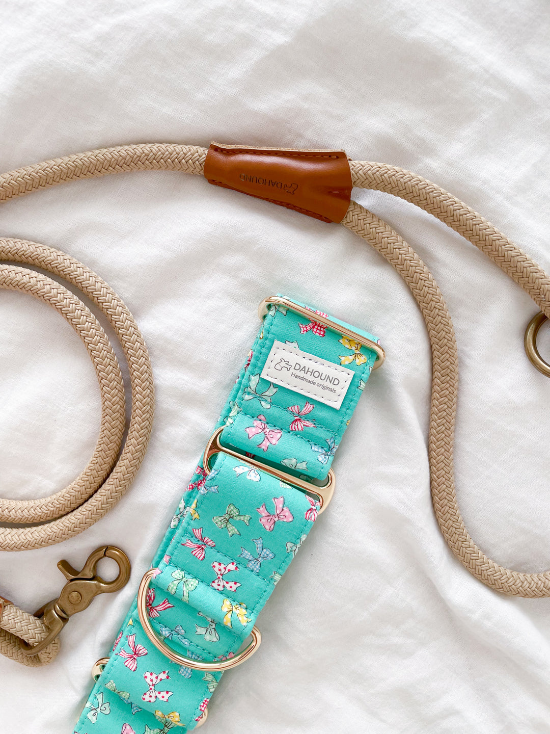 Dahound Mint Blue Mini Bows Martingale Collars With Rope Leash Lifestyle Photo
