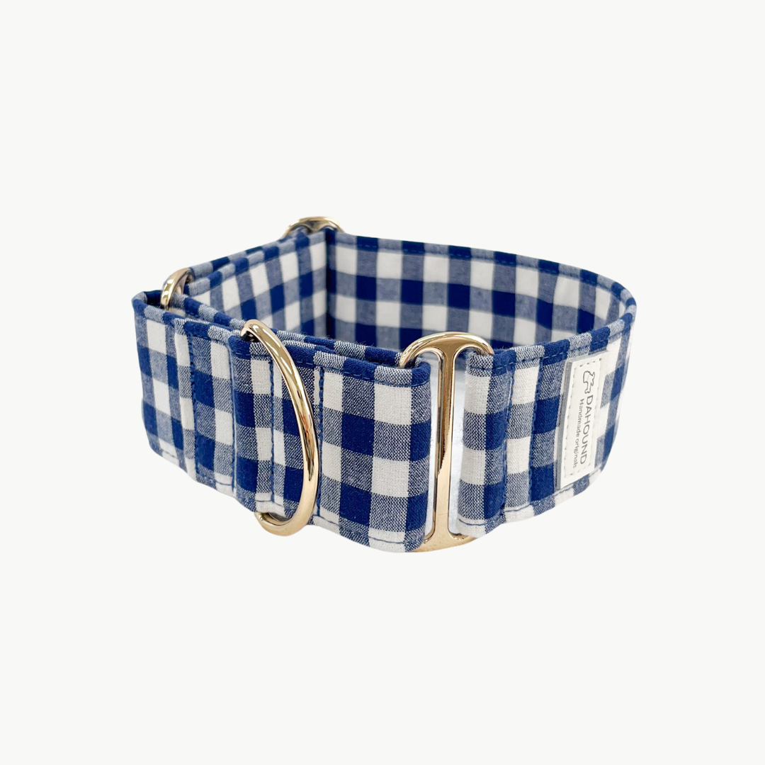 Wide Fabric Martingale Dog Collar Navy Blue Gingham Plaid