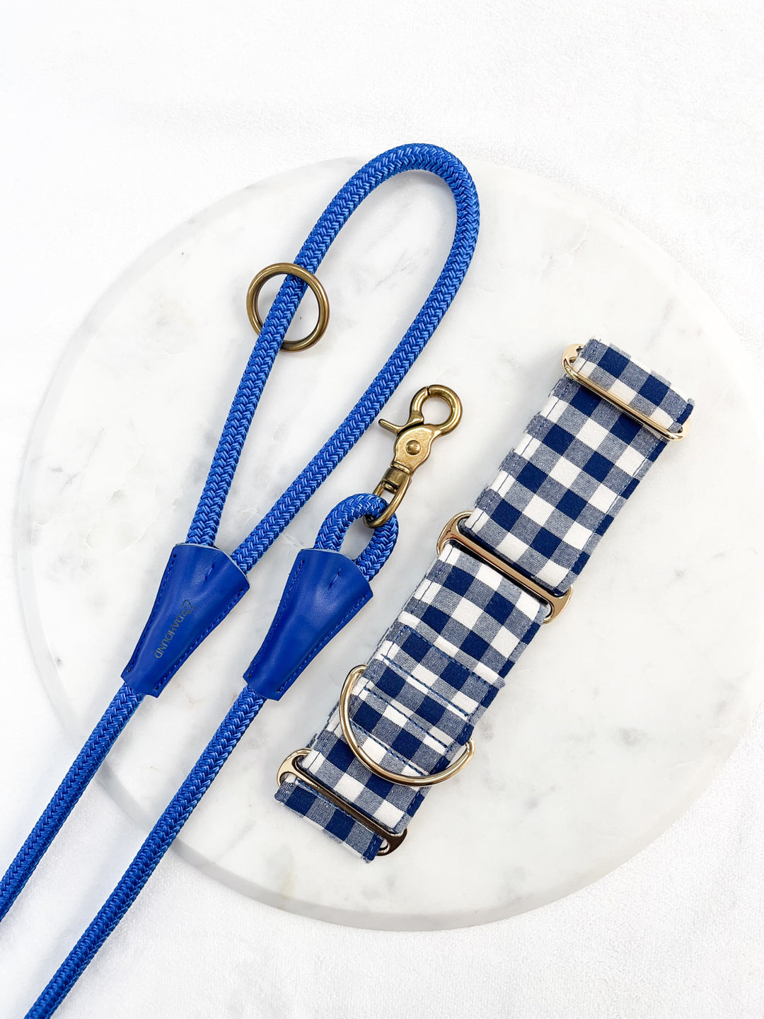 Navy Blue Gingham Plaid Martingale Collar With Blue Leash