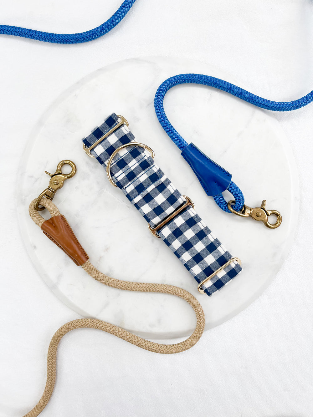 Navy Blue Gingham Plaid Martingale Collar With Rope Leashes