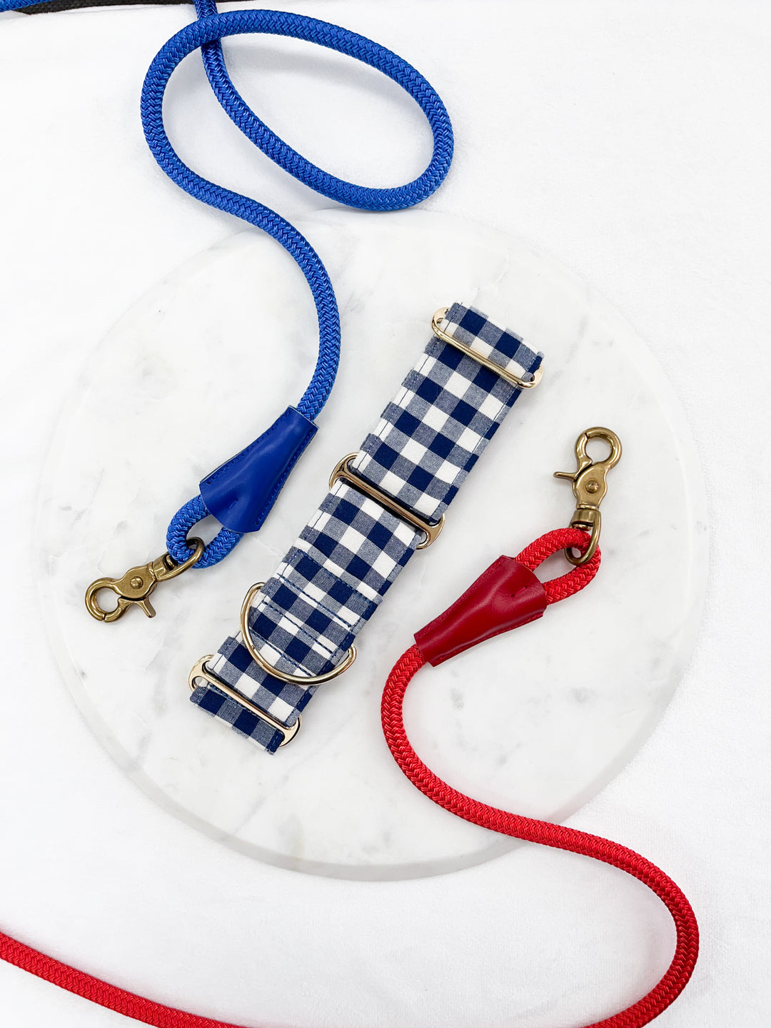 Navy Blue Gingham Plaid Martingale Collar With Rope Leashes