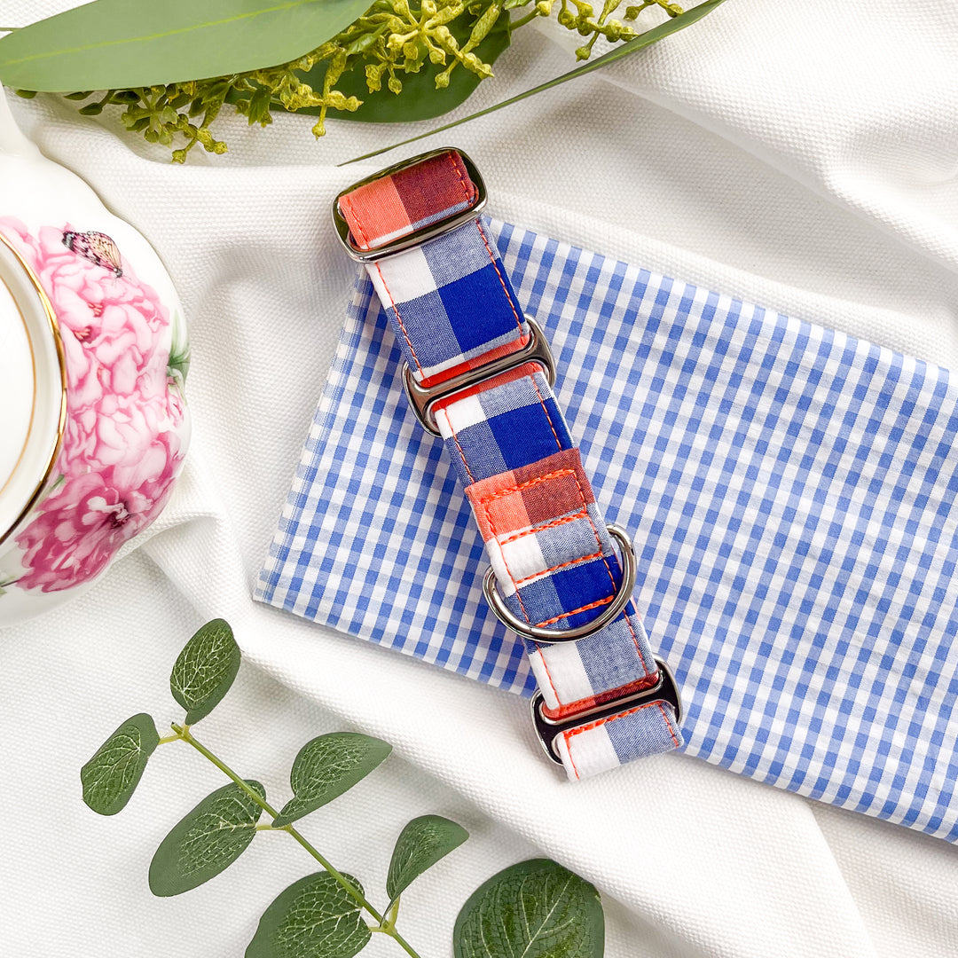Navy Blue & Orange Gingham Martingale Collar Italian Greyhound Size