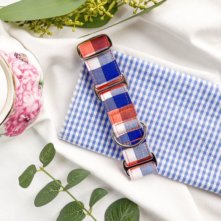 Navy Blue & Orange Gingham Martingale Collar Italian Greyhound Size