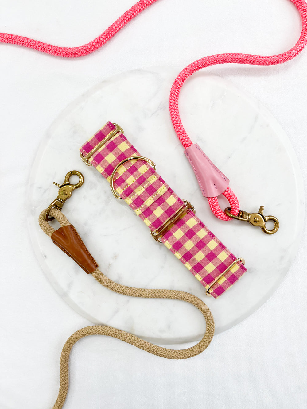 Pink & Yellow Gingham Plaid Martingale Collar With Rope Leashes