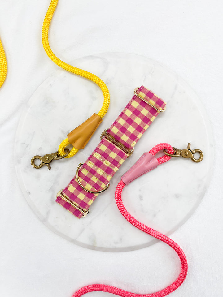 Pink & Yellow Gingham Plaid Martingale Collar with rope leashes