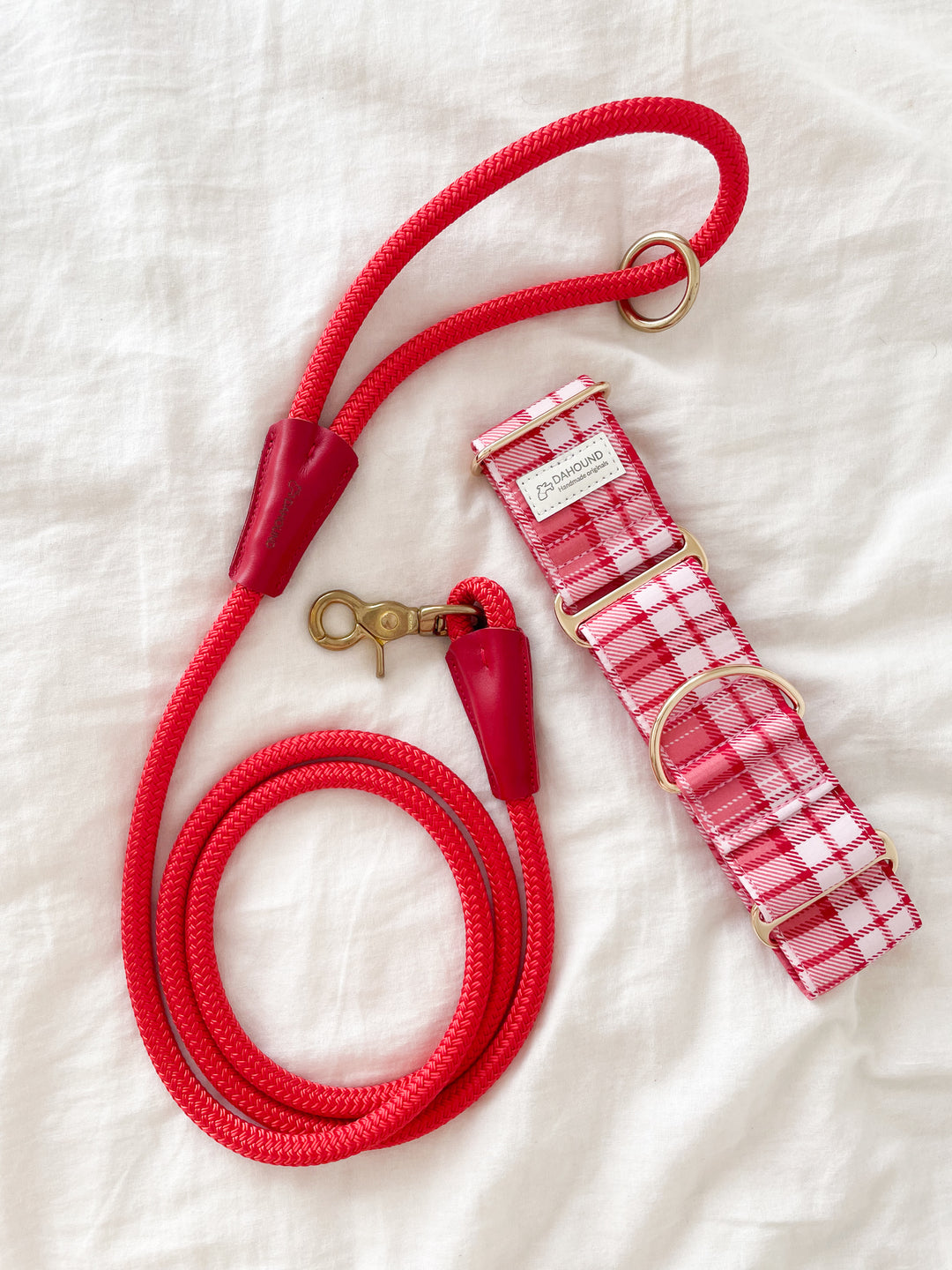 Dahound Red Pink Plaid Martingale Collar + Rope Leash Lifestyle Photo