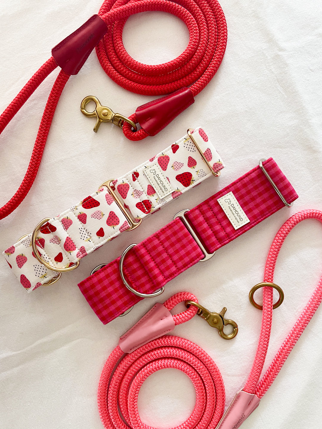 Martingale Collar & Rope Lead Set | Strawberry & Cream Gelato (with Red Leash)
