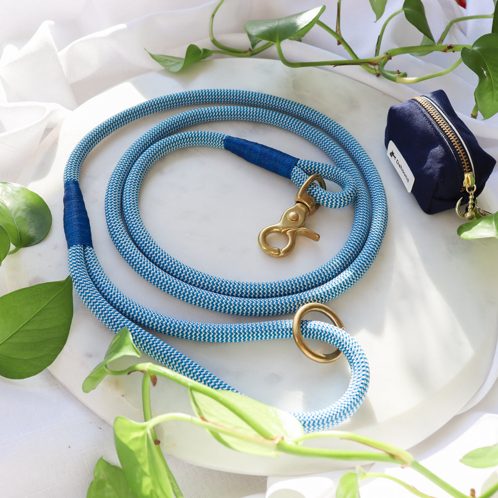 French Blue Premium Rope Dog Leash With Matching Poop Bag Holder