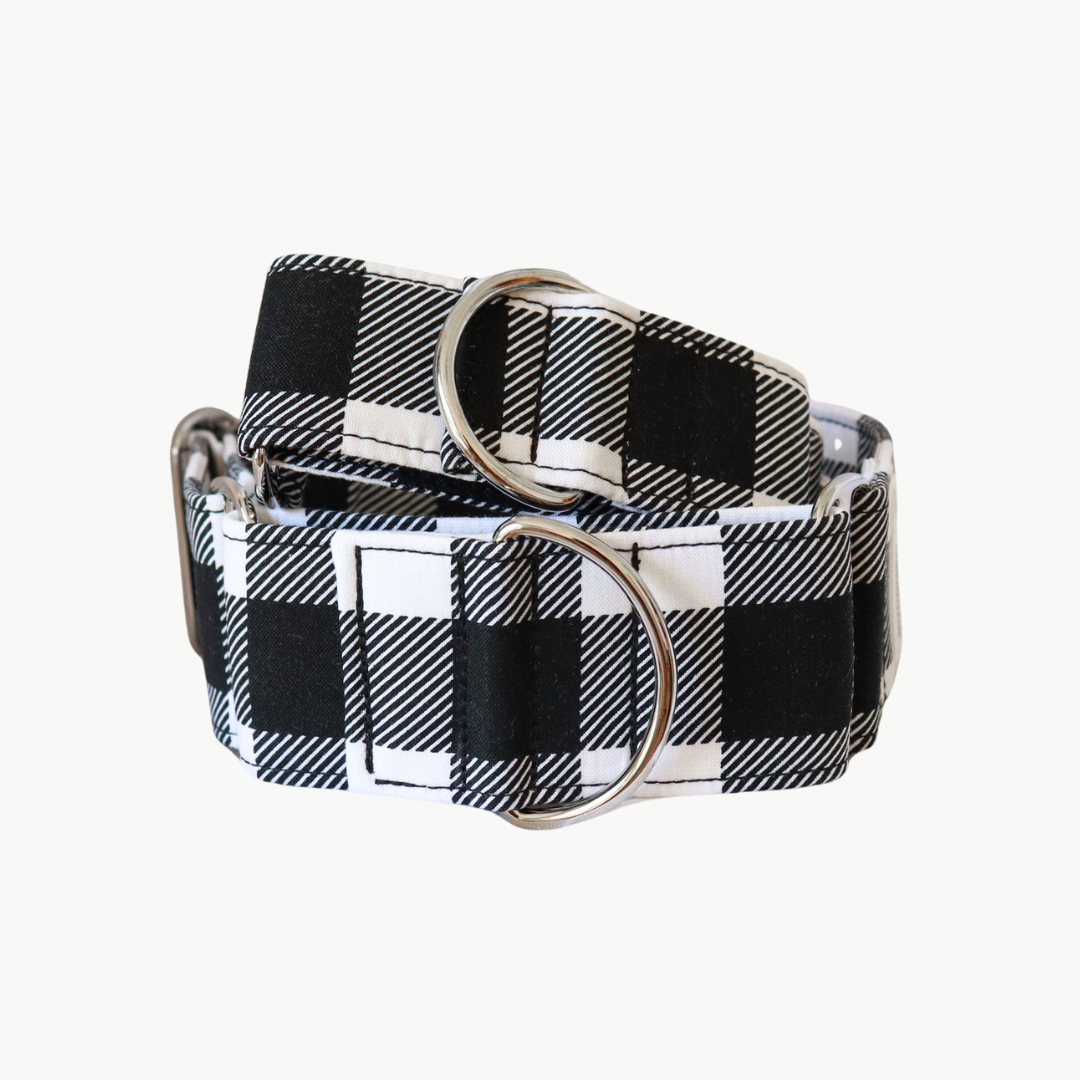 Wide Fabric Martingale Dog Collar Black White Buffalo Plaid