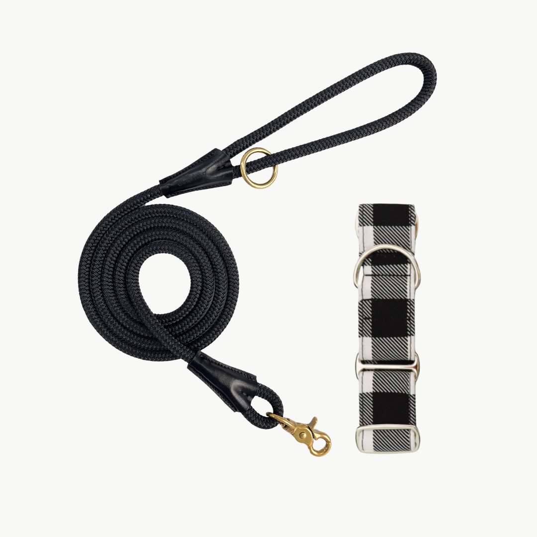 Martingale Collar & Rope Lead Set | Black & White Buffalo Plaid