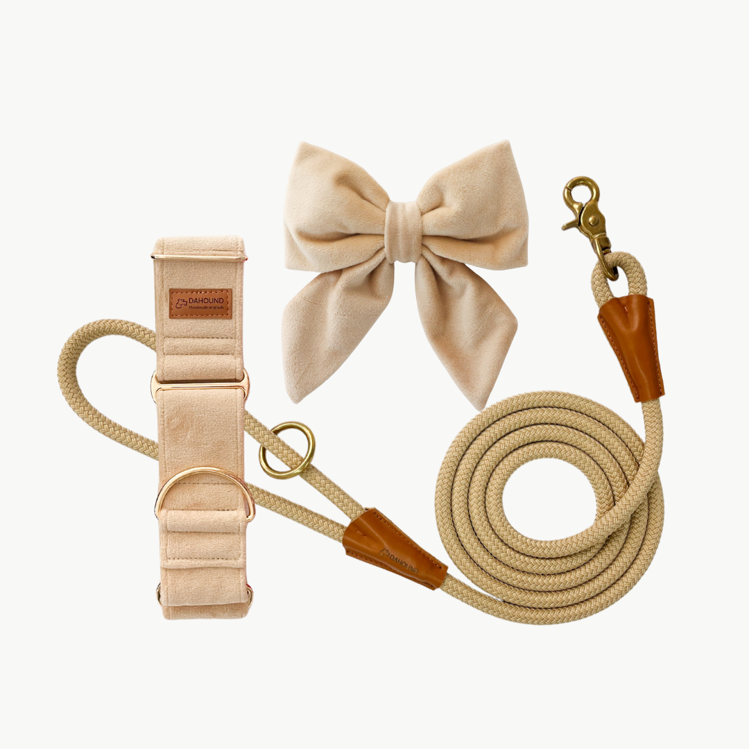 Martingale Collar + Sailor Bow + Rope Lead Set | Cream (Plush Velvet)