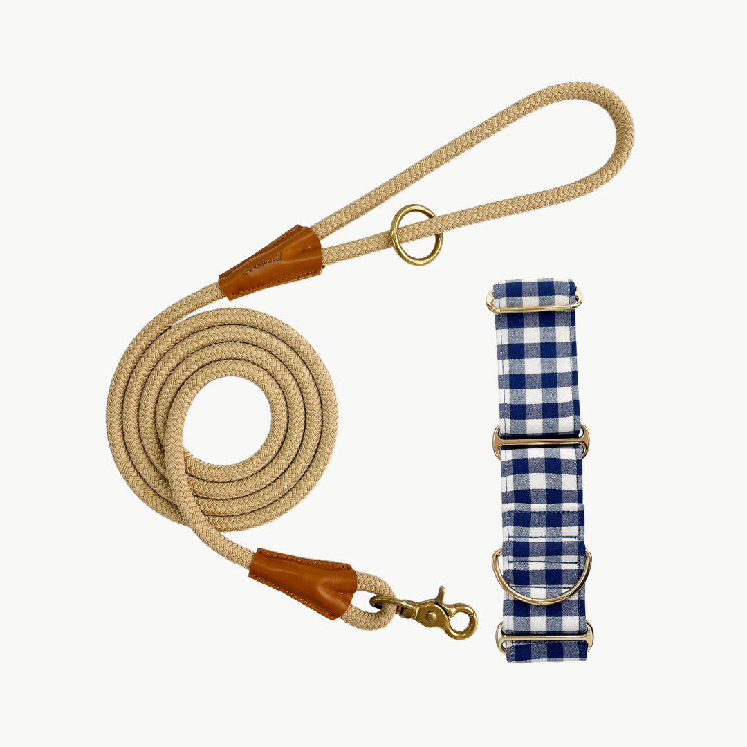 Martingale Collar & Rope Lead Set | Navy Blue Gingham Plaid (with beige leash)