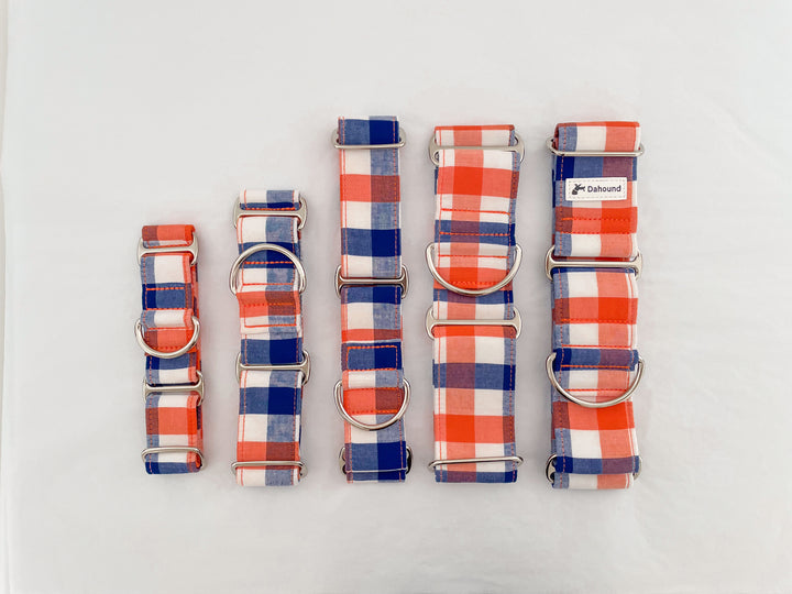 Navy Blue & Orange Plaid Martingale Collar Size Comparison
