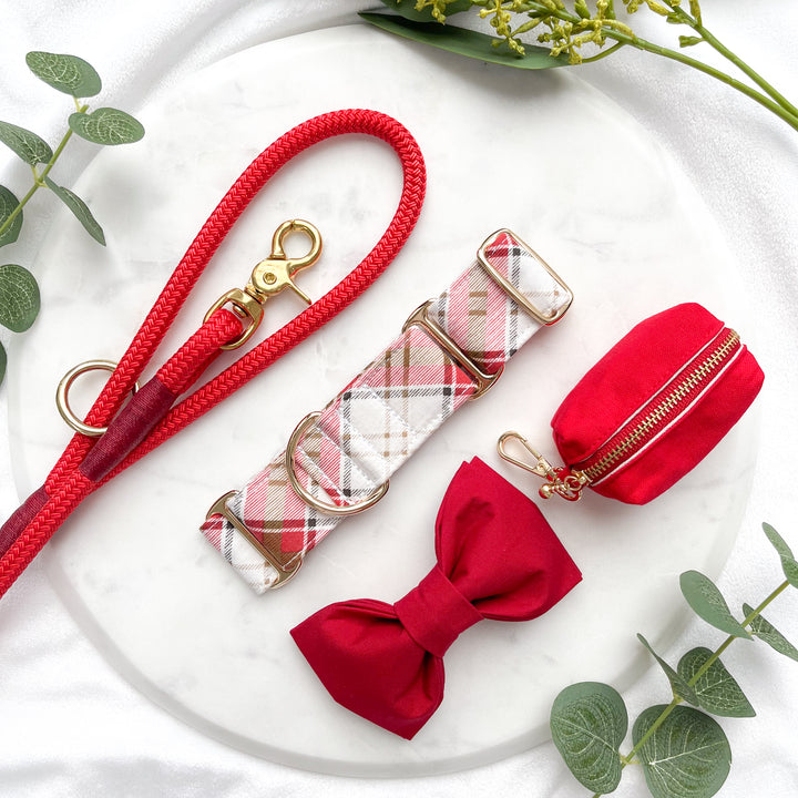 Red Premium Rope Dog Lead with Red and White Tartan Plaid Martingale Dog Collar