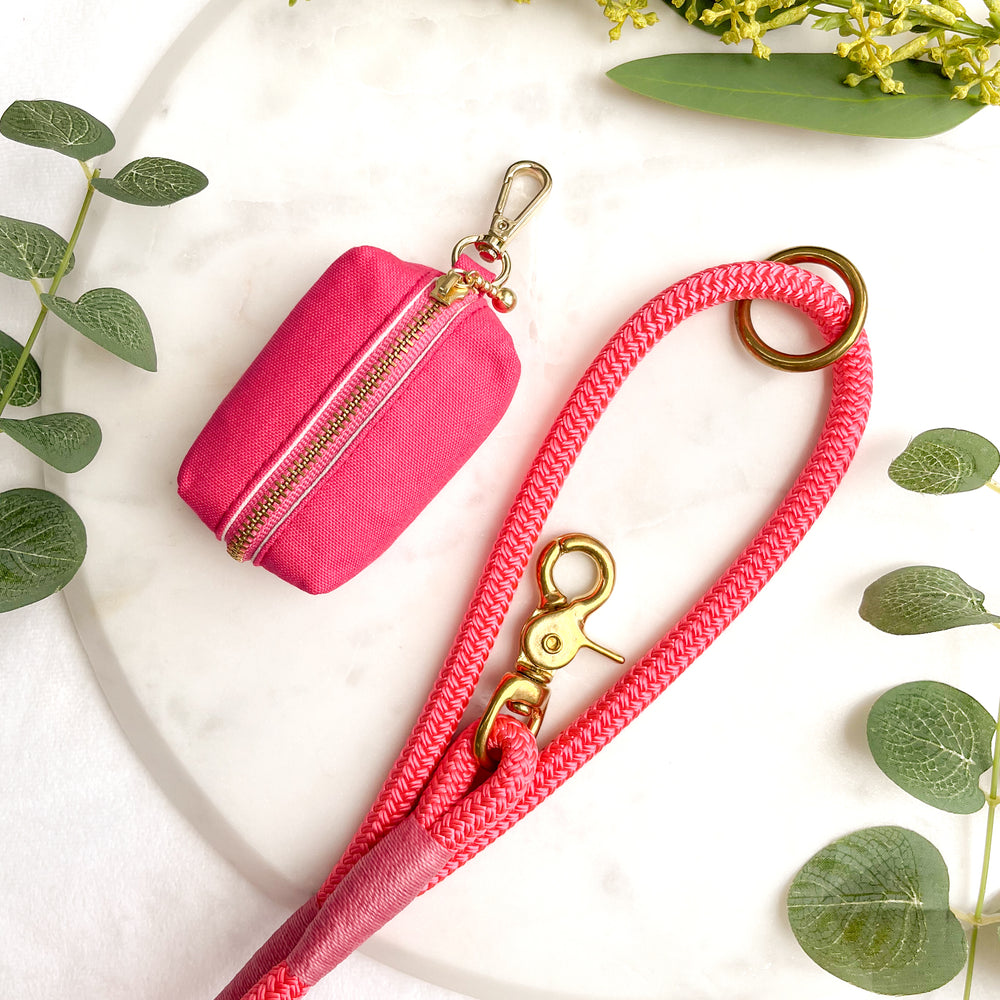 Rosa Pink Premium Rope Dog Leash With Matching Pink Poop Bag Holder