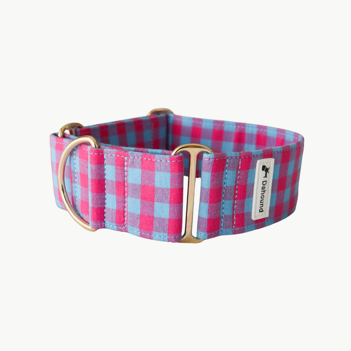 Wide Fabric Martingale Dog Collar | Pink & Blue Gingham Plaid