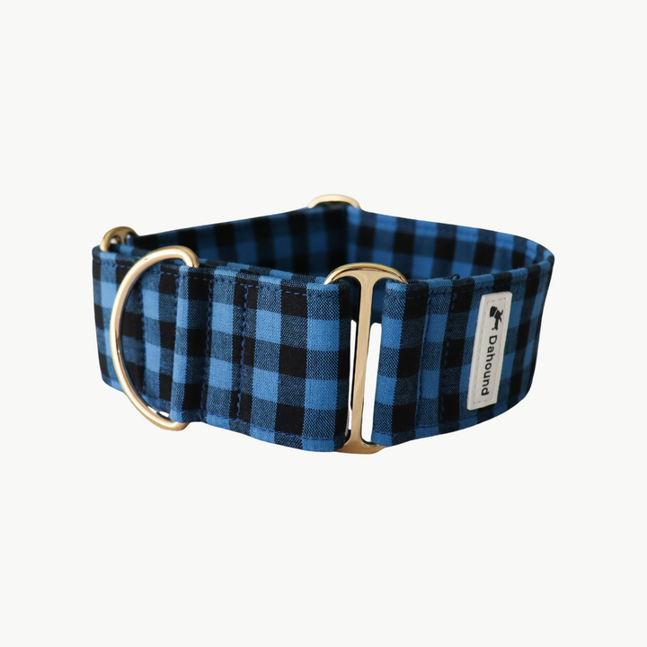 Wide Fabric Martingale Dog Collar | Blue & Black Gingham Plaid