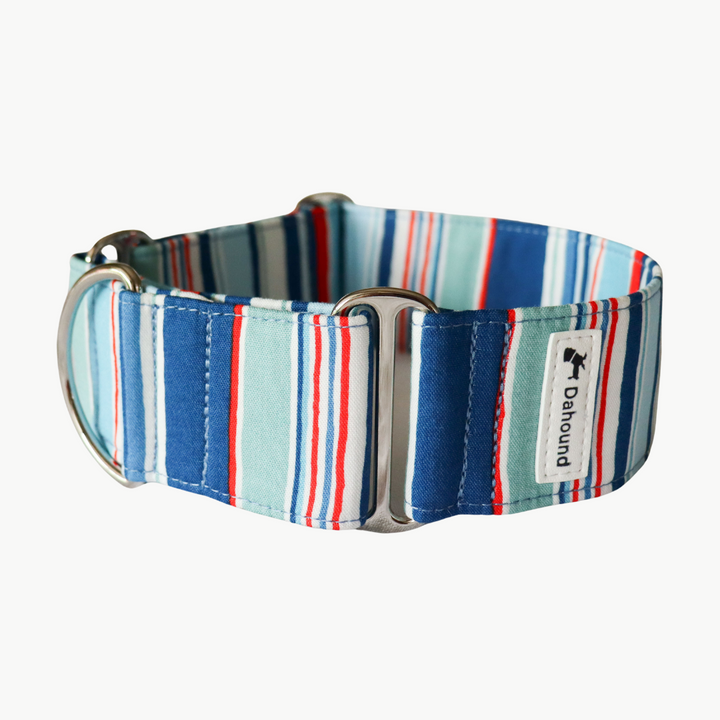 Wide Fabric Martingale Dog Collar | Blue & Red Stripes