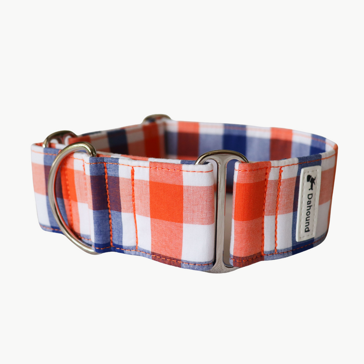 Wide Fabric Martingale Dog Collar | Navy Blue & Orange Plaid
