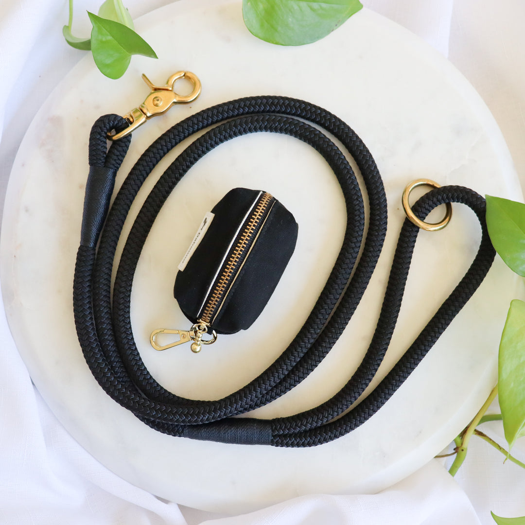 Black Premium Rope Dog Leash With Matching Black Poop Bag Holder