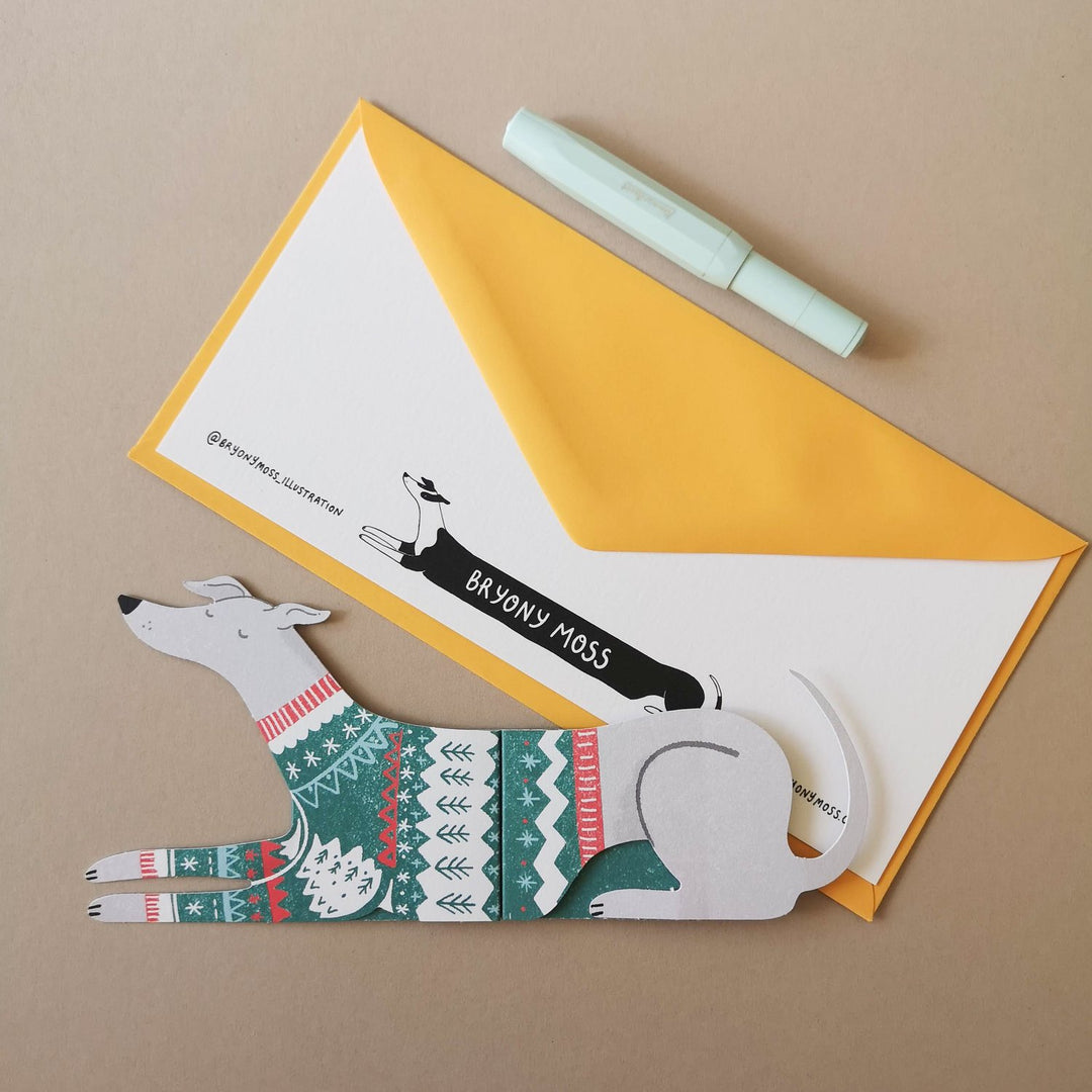 Greyhound Shaped Extendable Greeting Card | White Christmas Hound